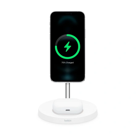 Подставка для беспроводной зарядки Belkin 2-in-1 Wireless Charger with MagSafe 15W - White (WIZ010VFWH)