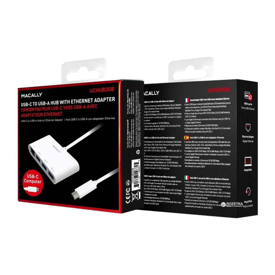 Адаптер Macally USB-C to USB-A hub with Ethernet (UCHUB3GB)