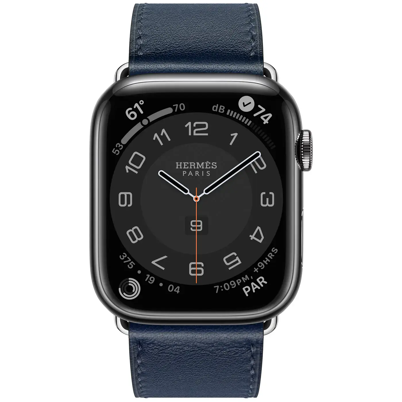 Apple Watch Hermès Series 7 GPS + Cellular 45mm Space Black Stainless Steel Case (MKMH3) with Navy Swift Leather Single Tour (MKG73)