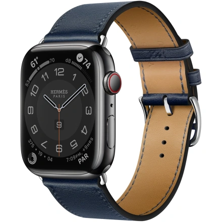 Apple Watch Hermès Series 7 GPS + Cellular 45mm Space Black Stainless Steel Case (MKMH3) with Navy Swift Leather Single Tour (MKG73)