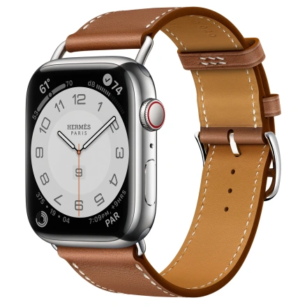 Apple Watch Hermès Series 7 GPS + Cellular 45mm Silver Stainless Steel Case (MKMG3) with Gold Swift Leather (MKGH3)