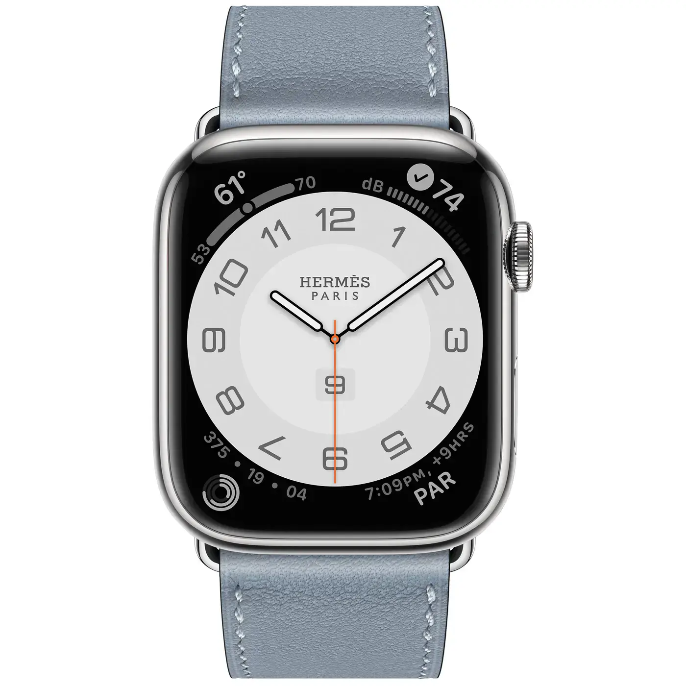 Apple Watch Hermès Series 7 GPS + Cellular 41mm Silver Stainless Steel Case (MKLK3) with Bleu Lin Swift Leather Single Tour (MKFP3)