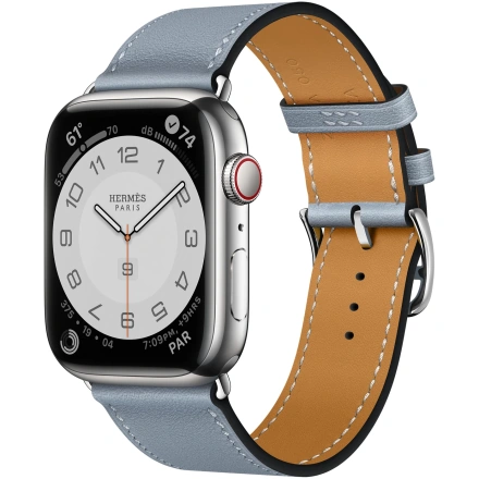 Apple Watch Hermès Series 7 GPS + Cellular 41mm Silver Stainless Steel Case (MKLK3) with Bleu Lin Swift Leather Single Tour (MKFP3)