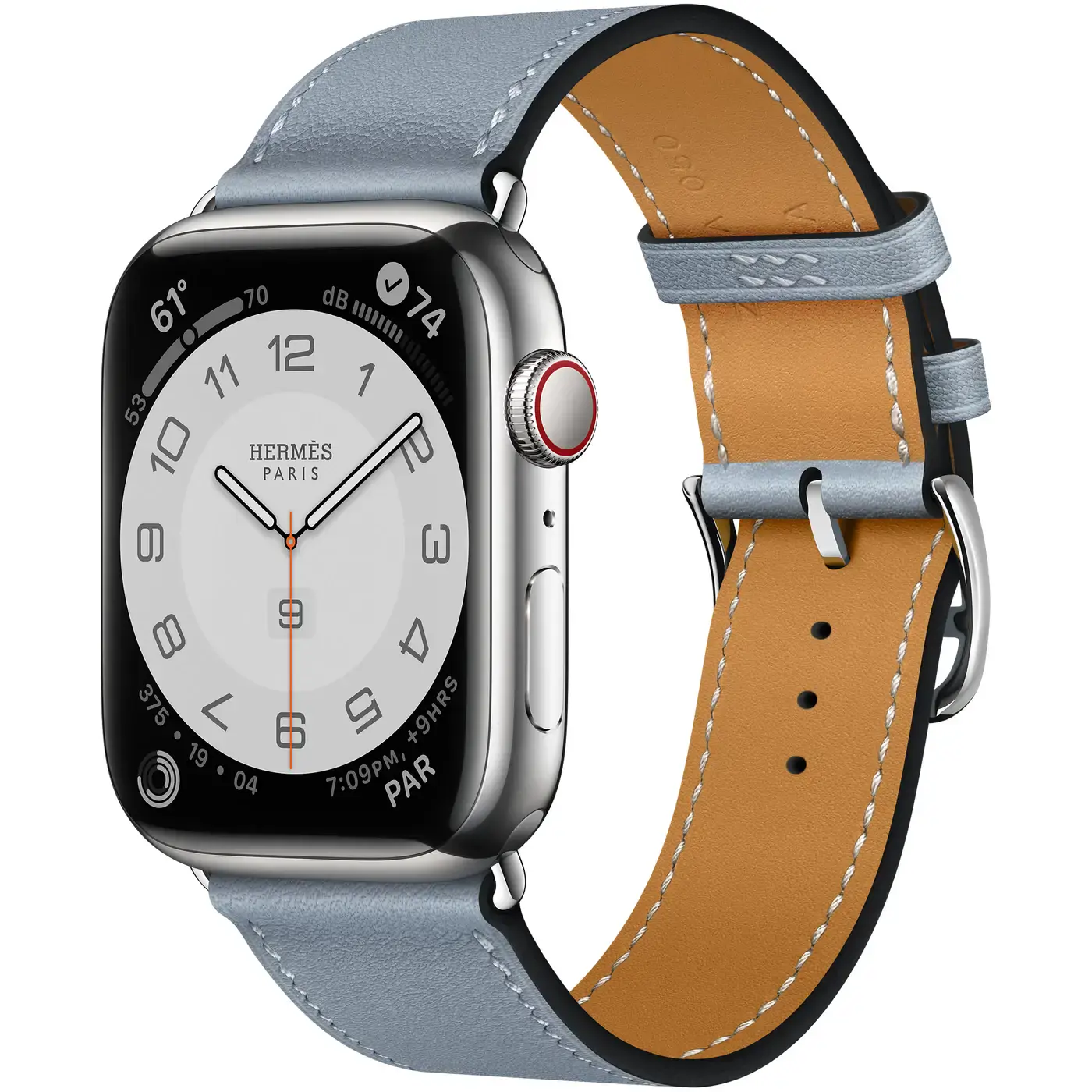Apple Watch Hermès Series 7 GPS + Cellular 41mm Silver Stainless Steel Case (MKLK3) with Bleu Lin Swift Leather Single Tour (MKFP3)