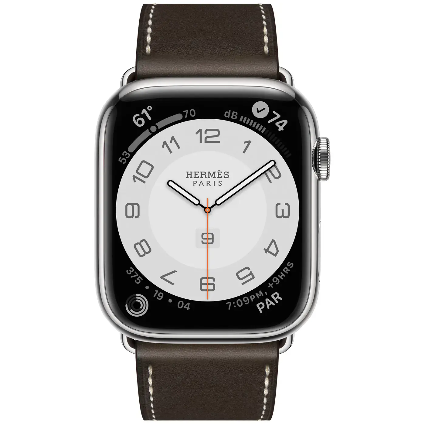 Apple Watch Hermès Series 7 GPS + Cellular 45mm Silver Stainless Steel Case (MKMG3) with Ebene Barenia Leather Single Tour Deployment Buckle (MTQG2)