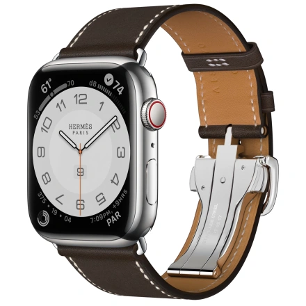 Apple Watch Hermès Series 7 GPS + Cellular 45mm Silver Stainless Steel Case (MKMG3) with Ebene Barenia Leather Single Tour Deployment Buckle (MTQG2)