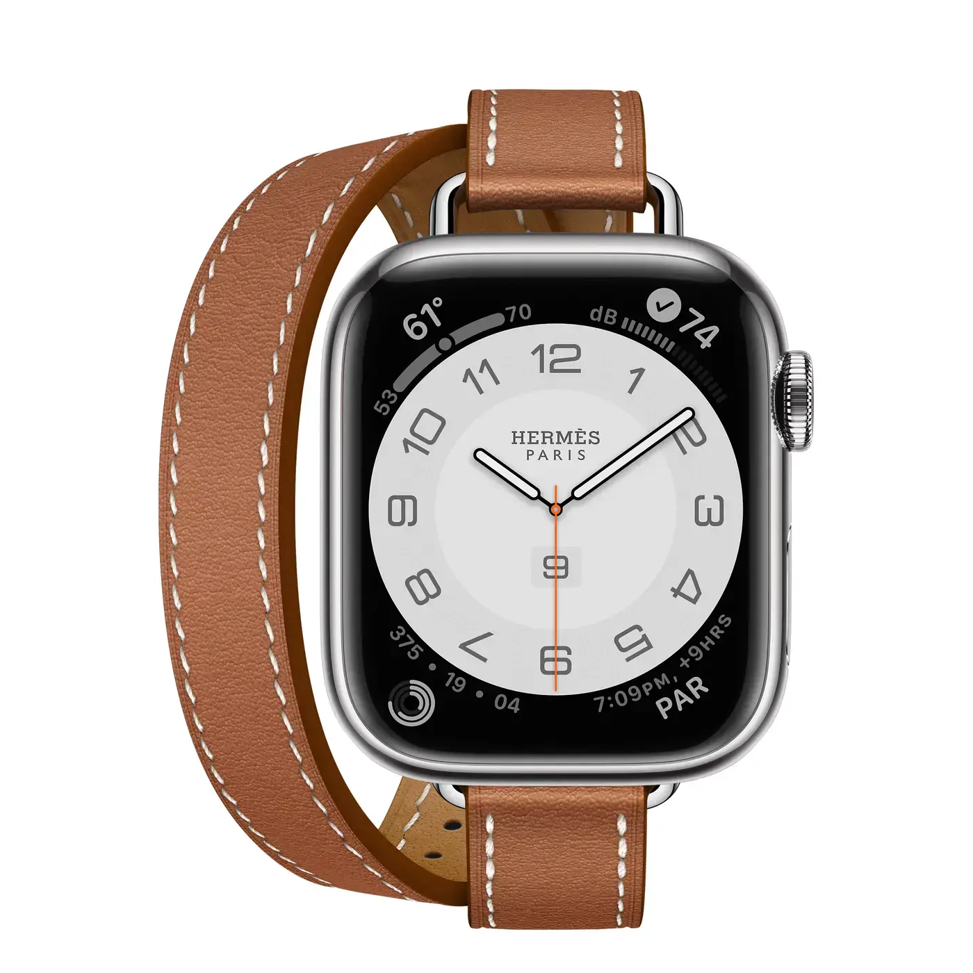Apple Watch Hermès Series 7 GPS + Cellular 41mm Silver Stainless Steel Case (MKLK3) with Gold Swift Leather Attelage Double Tour (MKG13)