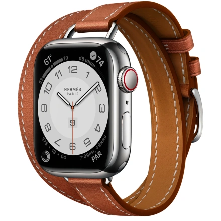 Apple Watch Hermès Series 7 GPS + Cellular 41mm Silver Stainless Steel Case (MKLK3) with Gold Swift Leather Attelage Double Tour (MKG13)