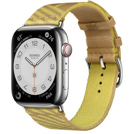 Apple Watch Hermès Series 7 GPS + Cellular 41mm Silver Stainless Steel Case (MKLK3) with Kraft/Lime Jumping Single Tour (MKGK3)