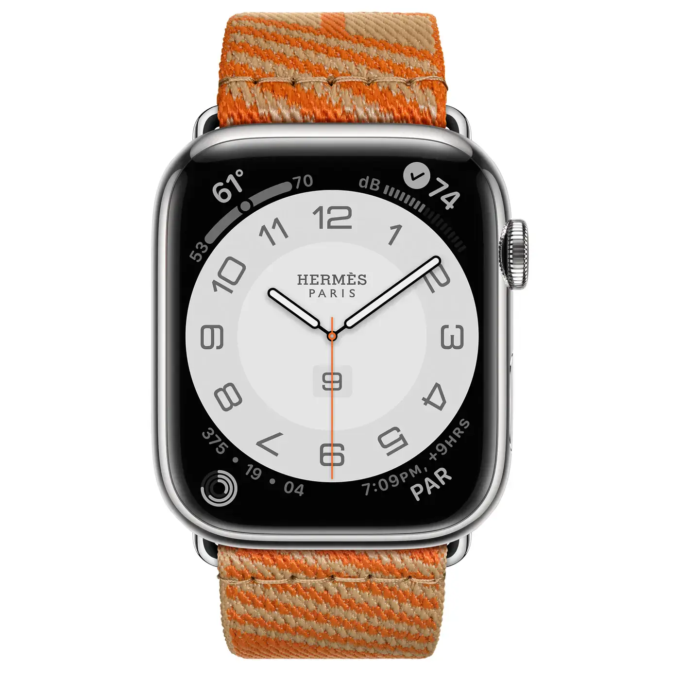Apple Watch Hermès Series 7 GPS + Cellular 41mm Silver Stainless Steel Case (MKLK3) with Kraft/Orange Jumping Single Tour (MKGL3)