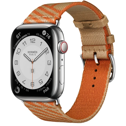 Apple Watch Hermès Series 7 GPS + Cellular 41mm Silver Stainless Steel Case (MKLK3) with Kraft/Orange Jumping Single Tour (MKGL3)