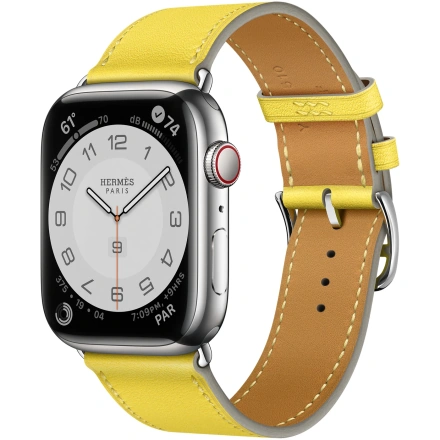 Apple Watch Hermès Series 7 GPS + Cellular 41mm Silver Stainless Steel Case (MKLK3) with Lime Swift Leather Single Tour (MKFQ3)