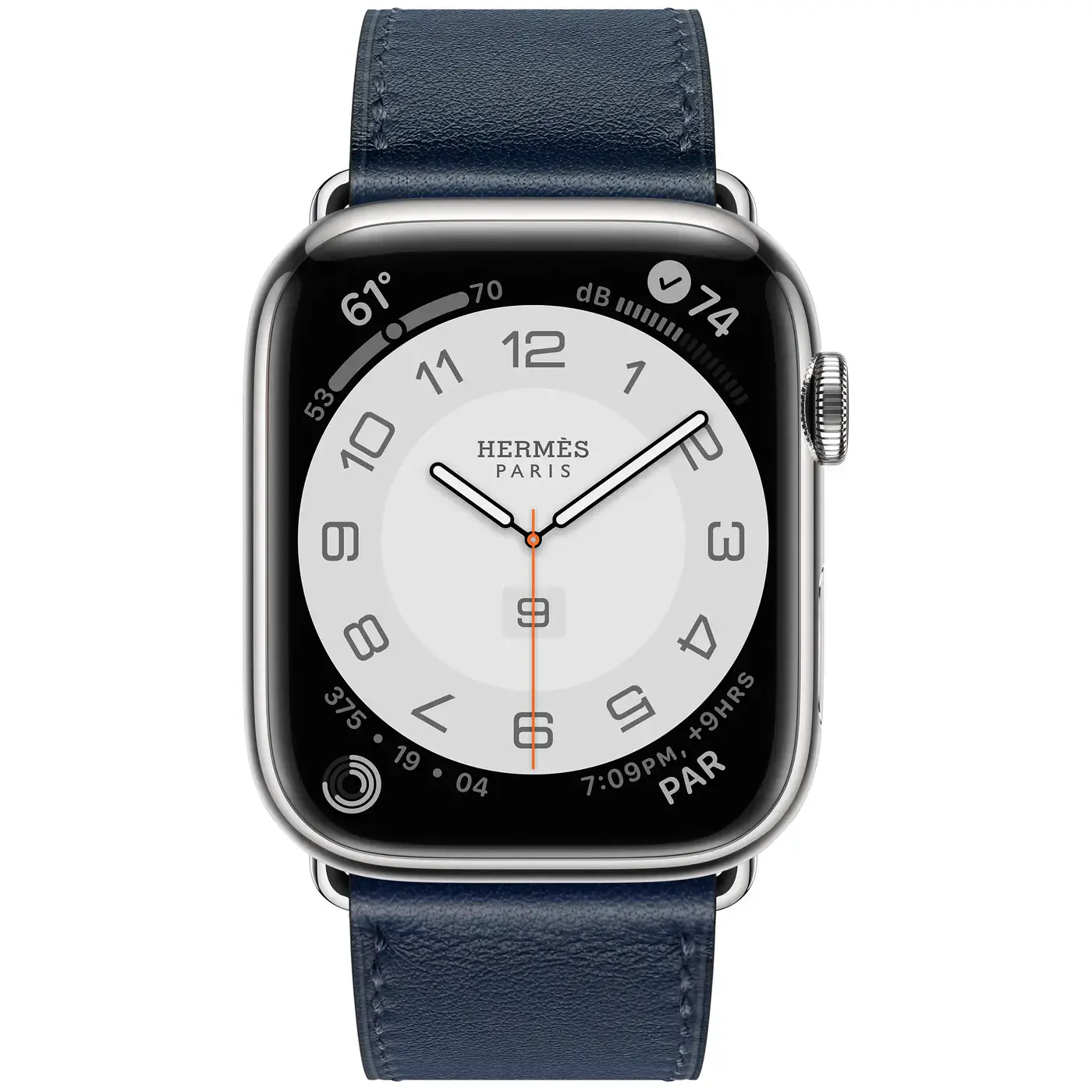 Apple Watch Hermès Series 7 GPS + Cellular 41mm Silver Stainless Steel Case (MKLK3) with Navy Swift Leather Single Tour (MKFN3)