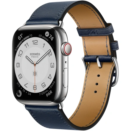 Apple Watch Hermès Series 7 GPS + Cellular 45mm Silver Stainless Steel Case (MKMG3) with Navy Swift Leather Single Tour (MKG73)