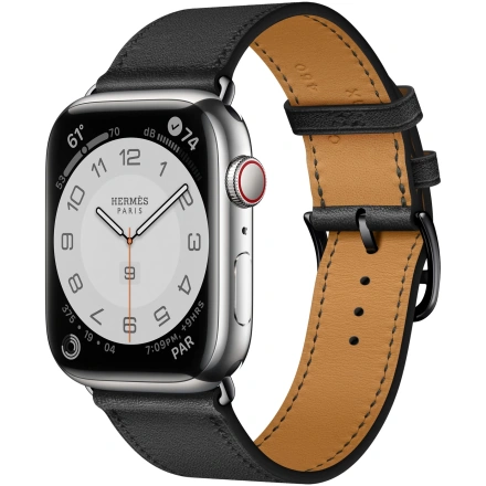 Apple Watch Hermès Series 7 GPS + Cellular 41mm Silver Stainless Steel Case (MKLK3) with Noir Swift Leather Single Tour (MX2P2)