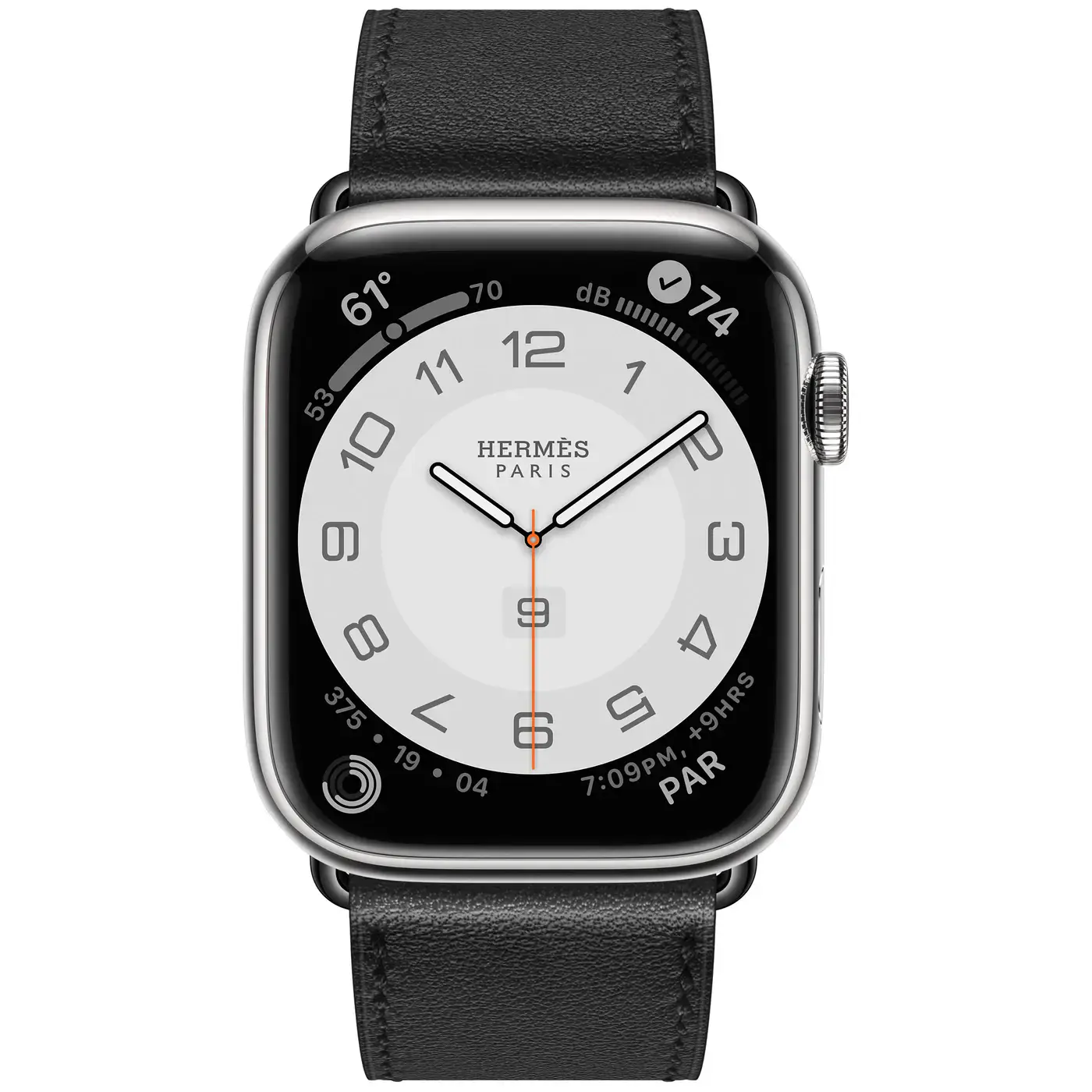 Apple Watch Hermès Series 7 GPS + Cellular 45mm Silver Stainless Steel Case (MKMG3) with Noir Swift Leather Single Tour (MX2R2)