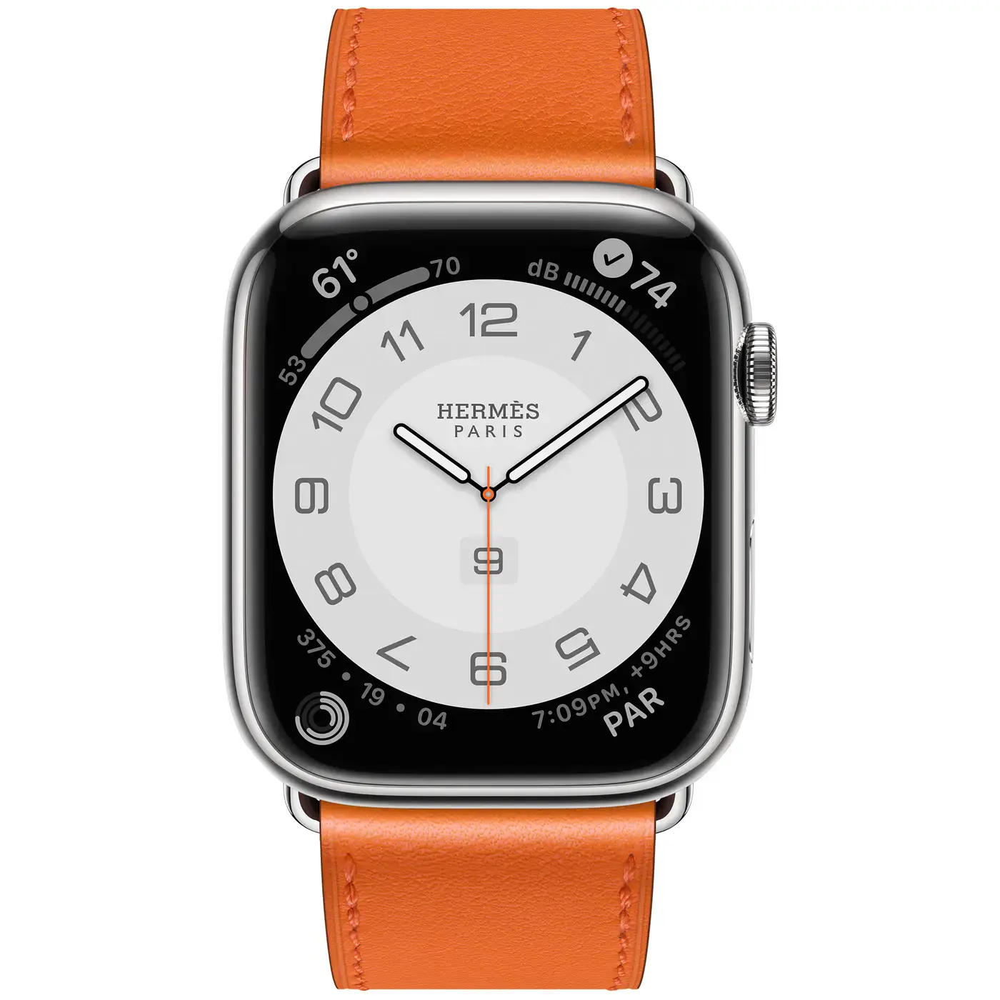 Apple Watch Hermès Series 7 GPS + Cellular 41mm Silver Stainless Steel Case (MKLK3) with Orange Swift Leather Single Tour (MXTM2)