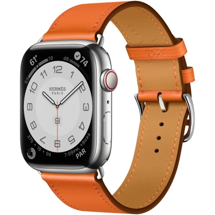 Apple Watch Hermès Series 7 GPS + Cellular 45mm Silver Stainless Steel Case (MKMG3) with Orange Swift Leather Single Tour (MXTP2)