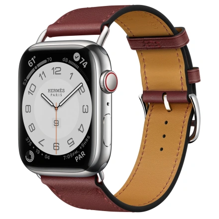 Apple Watch Hermès Series 7 GPS + Cellular 45mm Silver Stainless Steel Case (MKMG3) with Rouge H Swift Leather (MKGJ3)