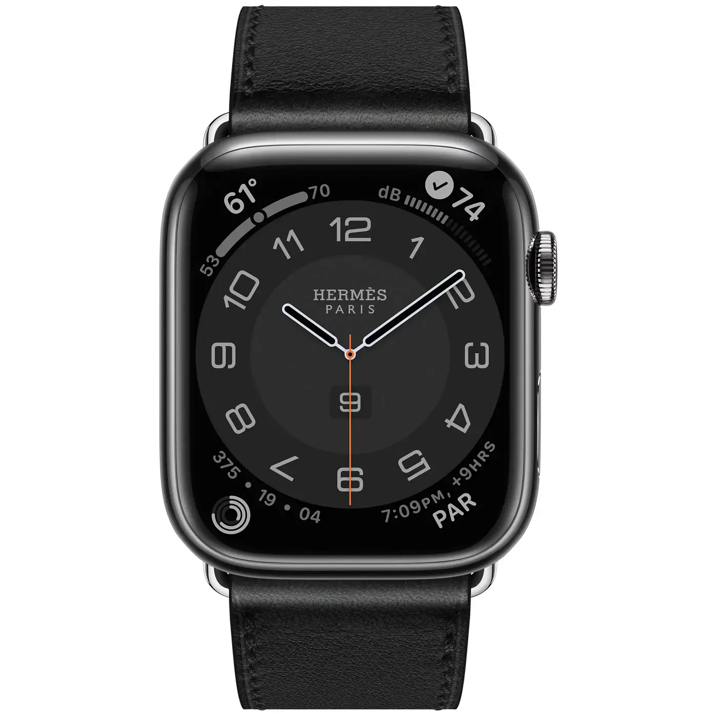 Apple Watch Hermès Series 7 GPS + Cellular 45mm Space Black Stainless Steel Case (MKMH3) with Noir Swift Leather Single Tour Deployment Buckle (MHLU3)