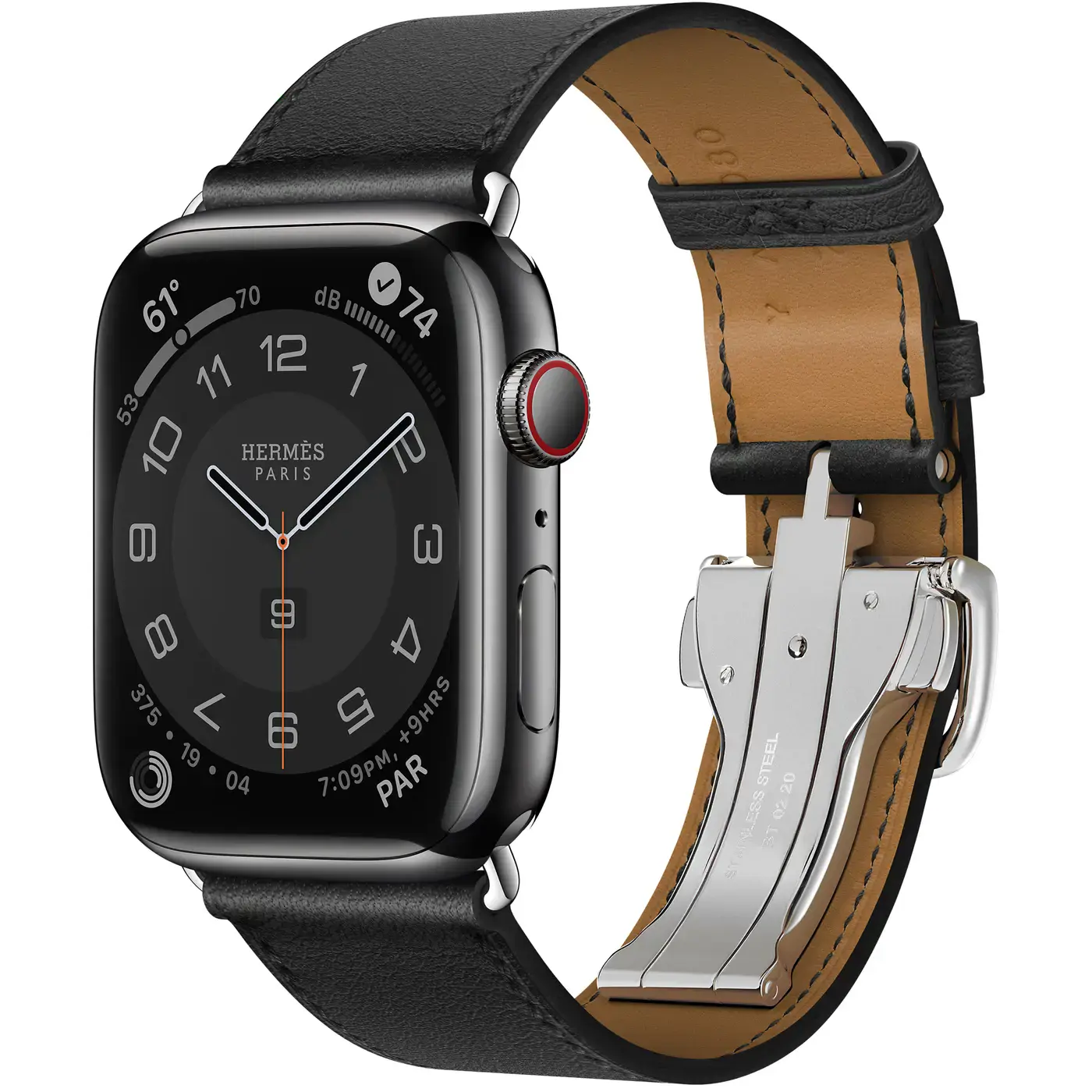 Apple Watch Hermès Series 7 GPS + Cellular 45mm Space Black Stainless Steel Case (MKMH3) with Noir Swift Leather Single Tour Deployment Buckle (MHLU3)
