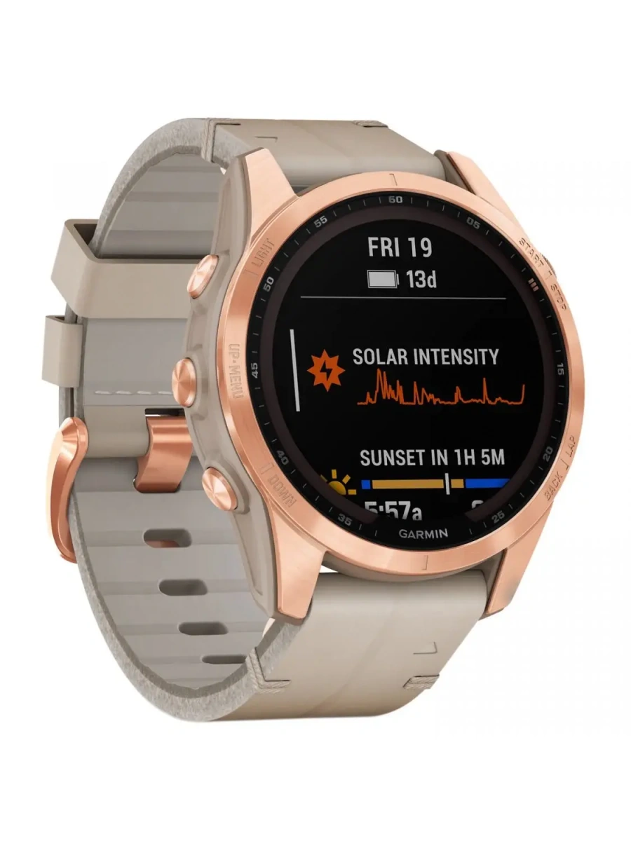 Смарт-годинник Garmin Fenix 7S Sapphire Solar Rose Gold Titanium with Limestone Leather Band (010-02539-35)