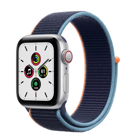 Apple Watch SE GPS + Cellular 40mm Silver Aluminum Case with Deep Navy Sport Loop (MYE92, MYEG2)