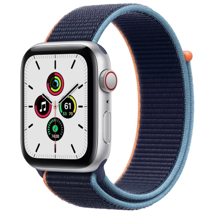 Apple Watch SE GPS + Cellular 44mm Silver Aluminum Case with Deep Navy Sport Loop (MYEN2, MYEW2)