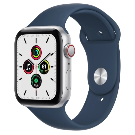 Apple Watch SE GPS + Cellular 44mm Silver Aluminum Case with Abyss Blue Sport Band (MKRJ3, MKRY3)