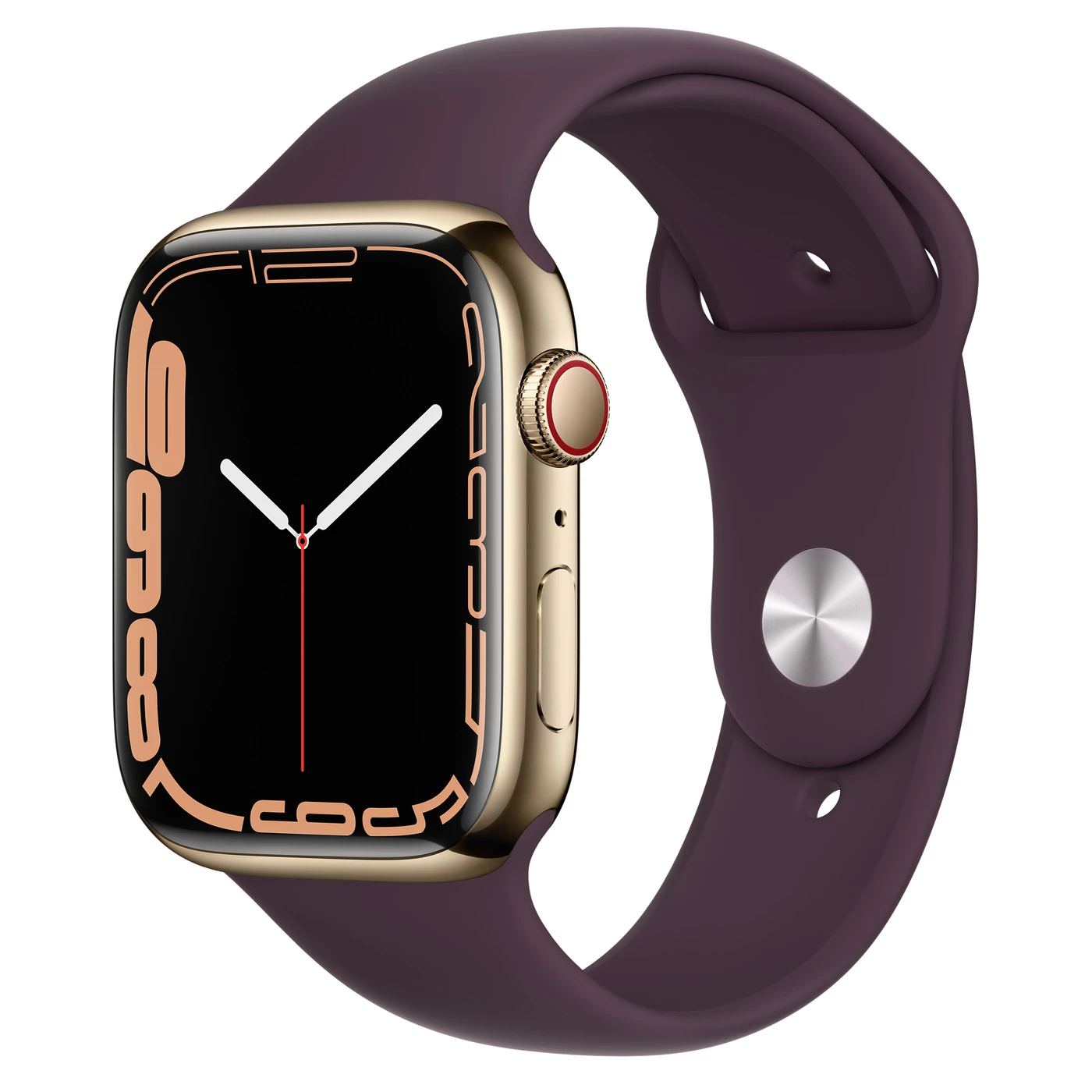 Apple Watch Series 7 GPS + Cellular 45mm Gold Stainless Steel Case with Dark Cherry Sport Band (MKJF3, MKJX3)