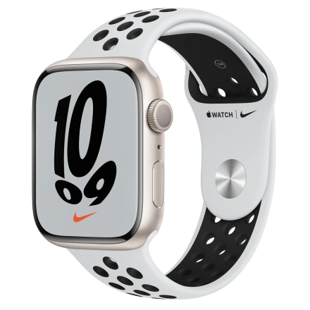 Apple Watch Nike Series 7 GPS 45mm Starlight Aluminum Case with Pure Platinum/Black Nike Sport Band (MKNA3)