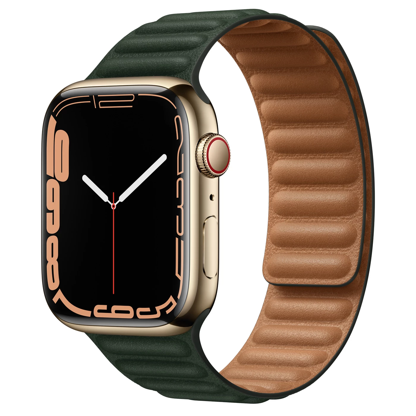 Apple Watch Series 7 GPS + Cellular 45mm Gold Stainless Steel Case (MKM93) with Sequoia Green Leather Link M/L (ML803)