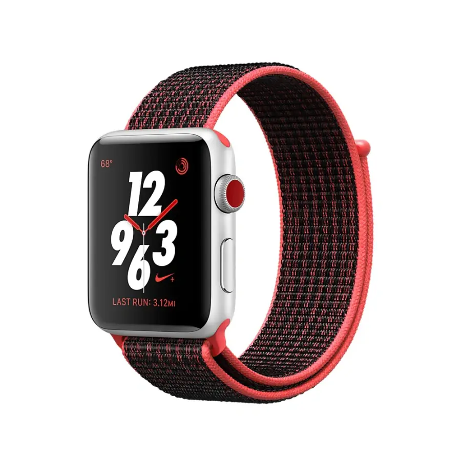 Apple Watch Series 3 Nike + (GPS + Cellular) 38mm Silver Aluminum Case with Bright Crimson / Black Nike Sport Loop (MQL72)