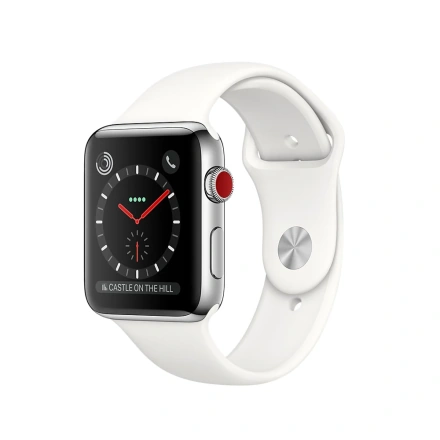 Apple Watch Series 3 (GPS + Cellular) 38mm Stainless Steel Case with Soft White Sport Band (MQJV2, MQLV2)