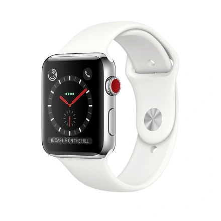Apple Watch Series 3 (GPS + Cellular) 42mm Stainless Steel Case with Soft White Sport Band (MQK82, MQLY2)