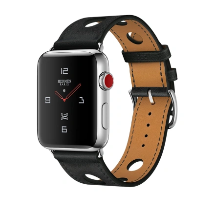Apple Watch Series 3 Hermès (GPS + Cellular) 42mm Stainless Steel Case with Noir Gala Leather Single Tour Rallye (MQLU2)