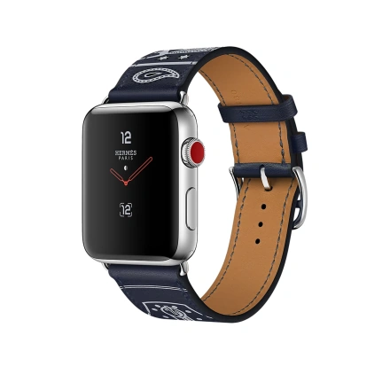 Apple Watch Series 3 Hermès (GPS + Cellular) 38mm Stainless Steel Case with Marine Gala Leather Single Tour Eperon d'Or (MQLN2)