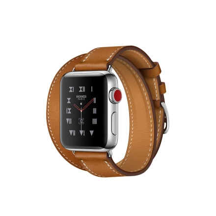 Apple Watch Series 3 Hermès (GPS + Cellular) 38mm Stainless Steel Case with Fauve Barenia Leather Double Tour (MQLJ2, MQML2)