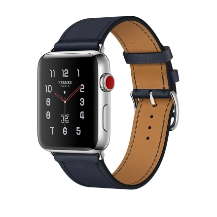 Apple Watch Series 3 Hermès (GPS + Cellular) 42mm Stainless Steel Case with Indigo Swift Leather Single Tour (MQLQ2, MQMT2)