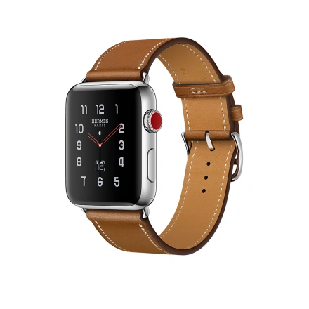 Apple Watch Series 3 Hermès (GPS + Cellular) 38mm Stainless Steel Case with Fauve Barenia Leather Single Tour (MQLM2, MQMP2)