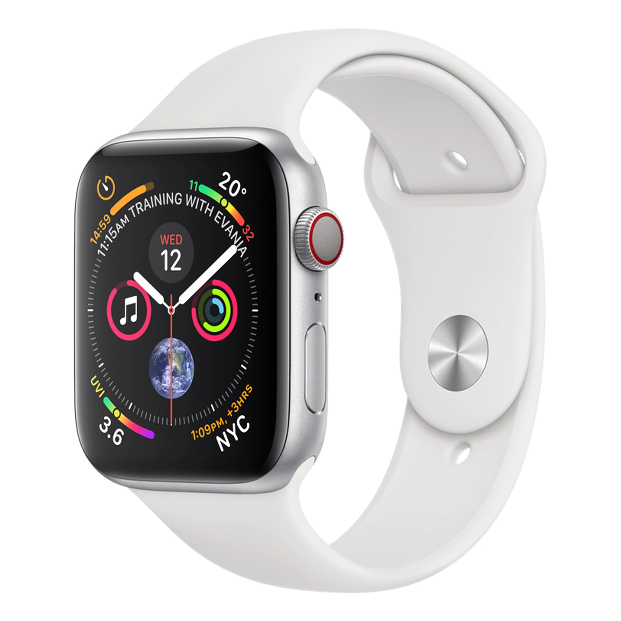 Apple Watch Series 4 (GPS + Cellular) 44mm Silver Aluminum Case with White Sport Band (MTUU2, MTVR2)