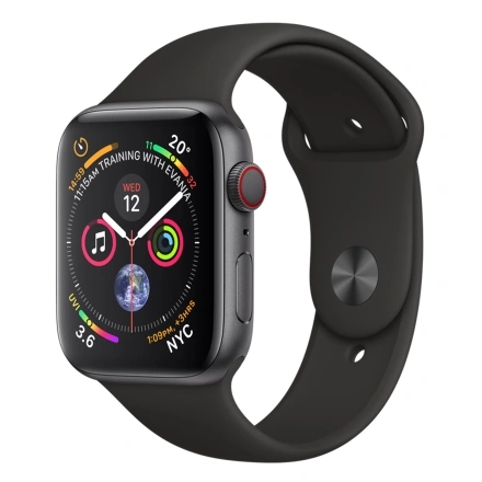 Apple Watch Series 4 (GPS + Cellular) 44mm Space Gray Aluminium Case with Black Sport Band (MTUW2, MTVU2)