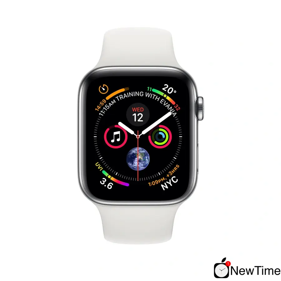 Apple Watch Series 4 (GPS + Cellular) 44mm Stainless Steel Case with White Sport Band (MTV22, MTX02)