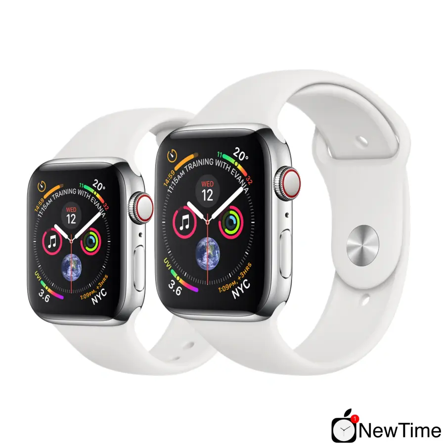 Apple Watch Series 4 (GPS + Cellular) 44mm Stainless Steel Case with White Sport Band (MTV22, MTX02)