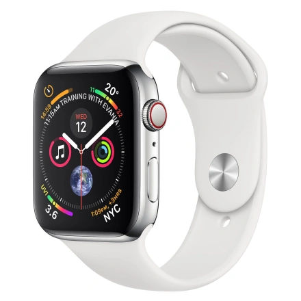 Apple Watch Series 4 (GPS + Cellular) 44mm Stainless Steel Case with White Sport Band (MTV22, MTX02)
