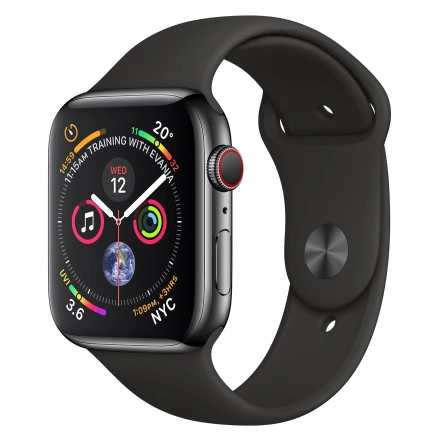 Apple Watch Series 4 (GPS + Cellular) 44mm Space Black Stainless Steel Case with Black Sport Band (MTV52, MTX22)