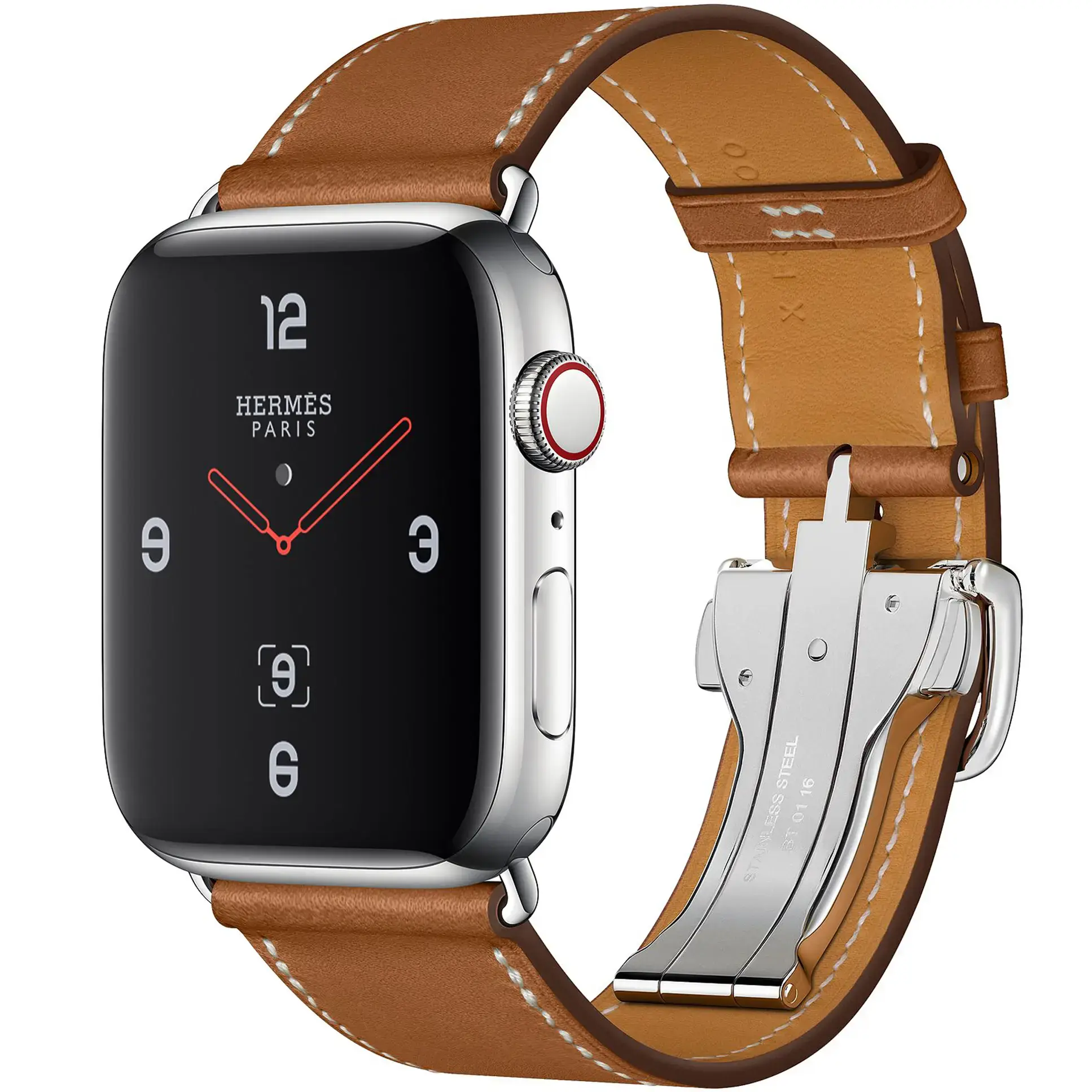 Apple Watch Series 4 Hermès (GPS + Cellular) 44mm Stainless Steel Case with Fauve Barenia Leather Single Tour Deployment Buckle (MU6T2, MU742)