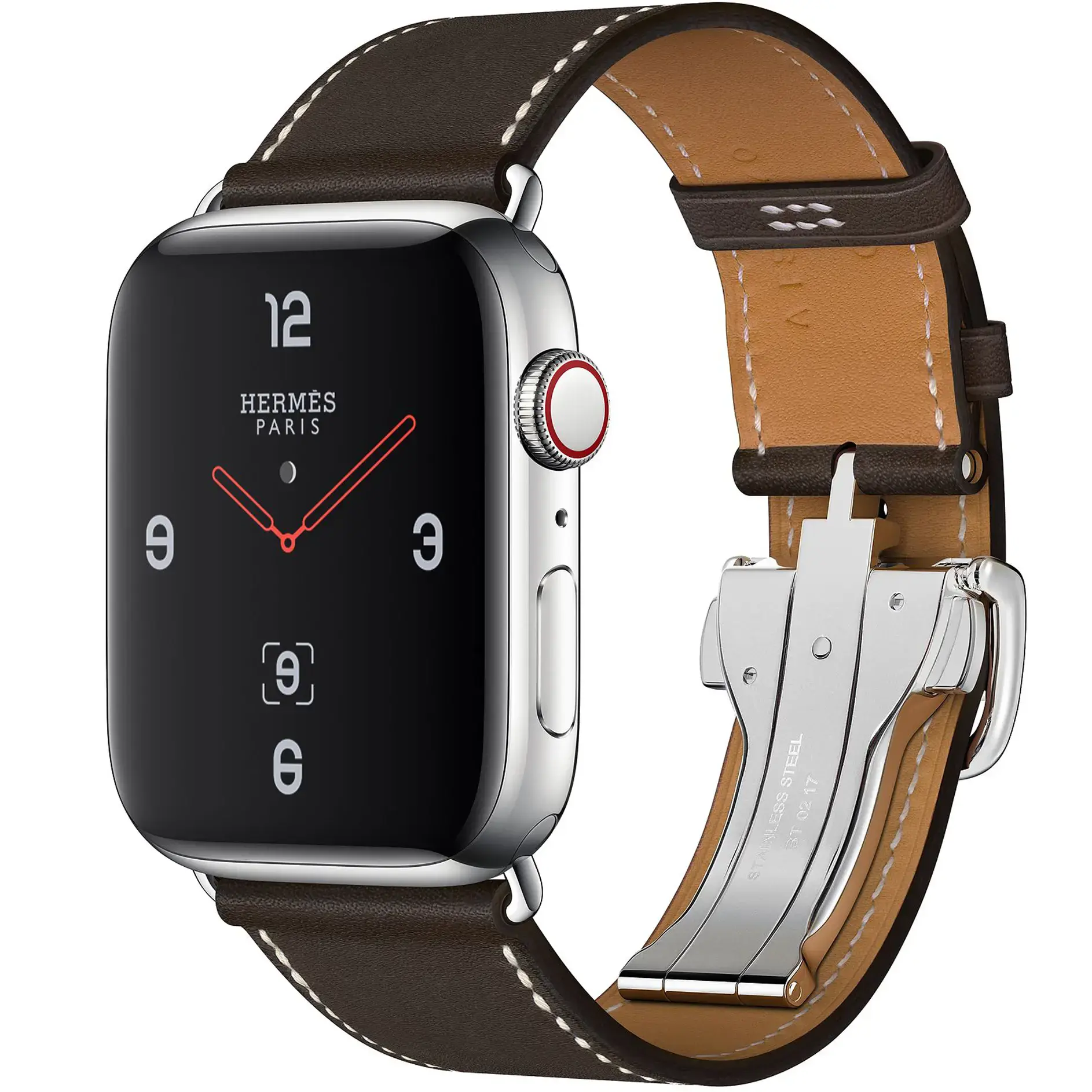 Apple Watch Series 4 Hermès (GPS + Cellular) 44mm Stainless Steel Case with Ébène Barenia Leather Single Tour Deployment Buckle (MU6U2, MU752)