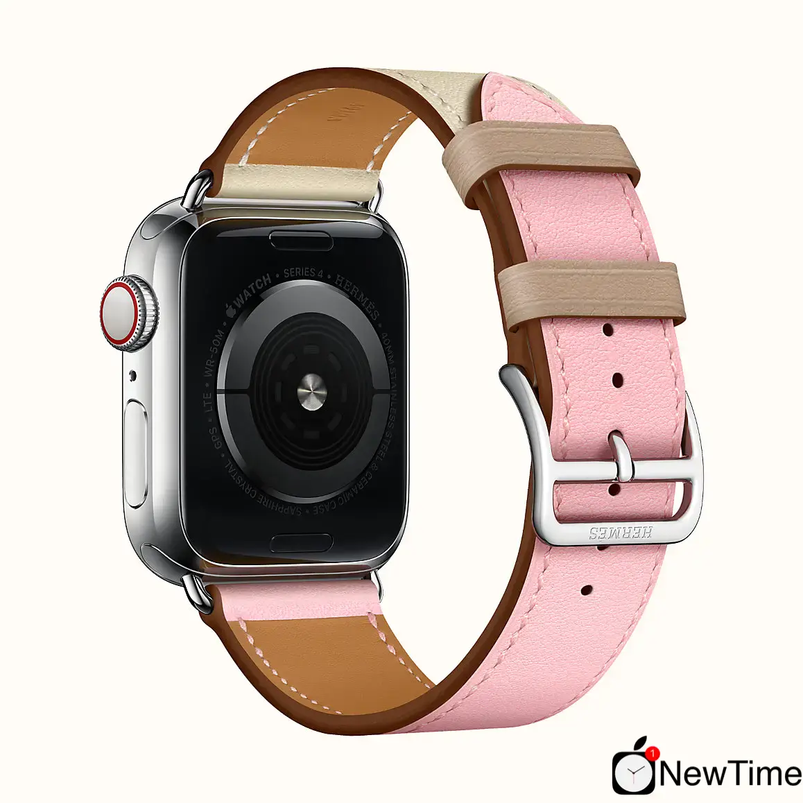 Apple Watch Series 4 Hermès (GPS + Cellular) 40mm Stainless Steel Case with Rose Sakura/Craie/Argile Swift Leather Single Tour (H078727CJAE)