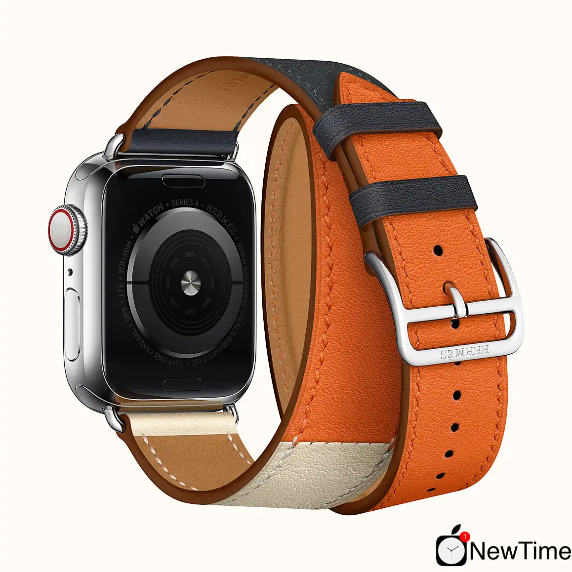 Apple Watch Series 4 Hermès (GPS + Cellular) 40mm Stainless Steel Case with Indigo / Craie / Orange Swift Leather Double Tour (H077064CJAC)